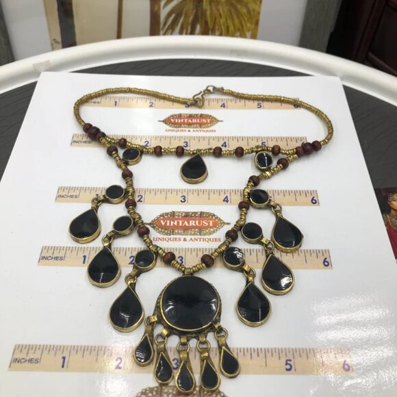 Two Layers Tribal Stones Vintage Necklace, Afghan Metal and Wooden Beaded Chain - Picture 2 of 7